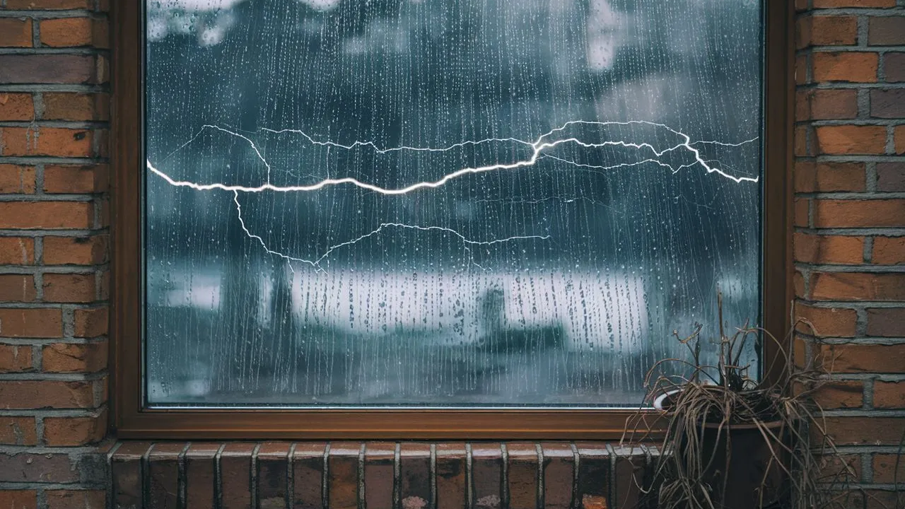 Regentropfen, die von außen auf ein Fenster aus Indium treffen und dabei Strom erzeigen