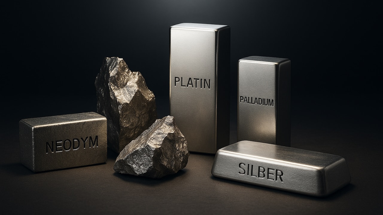 Technologiemetalle Neodym, Praseodym, Platin, Palladium und Silber in verschiedenen Formen, als Rohmaterial und als Barren
