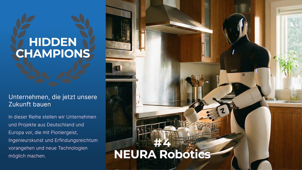Hidden Champions #4: NEURA Robotics – humanoider Roboter räumt selbstständig Geschirr in einer Küche ein, mit Serien-Banderole links.