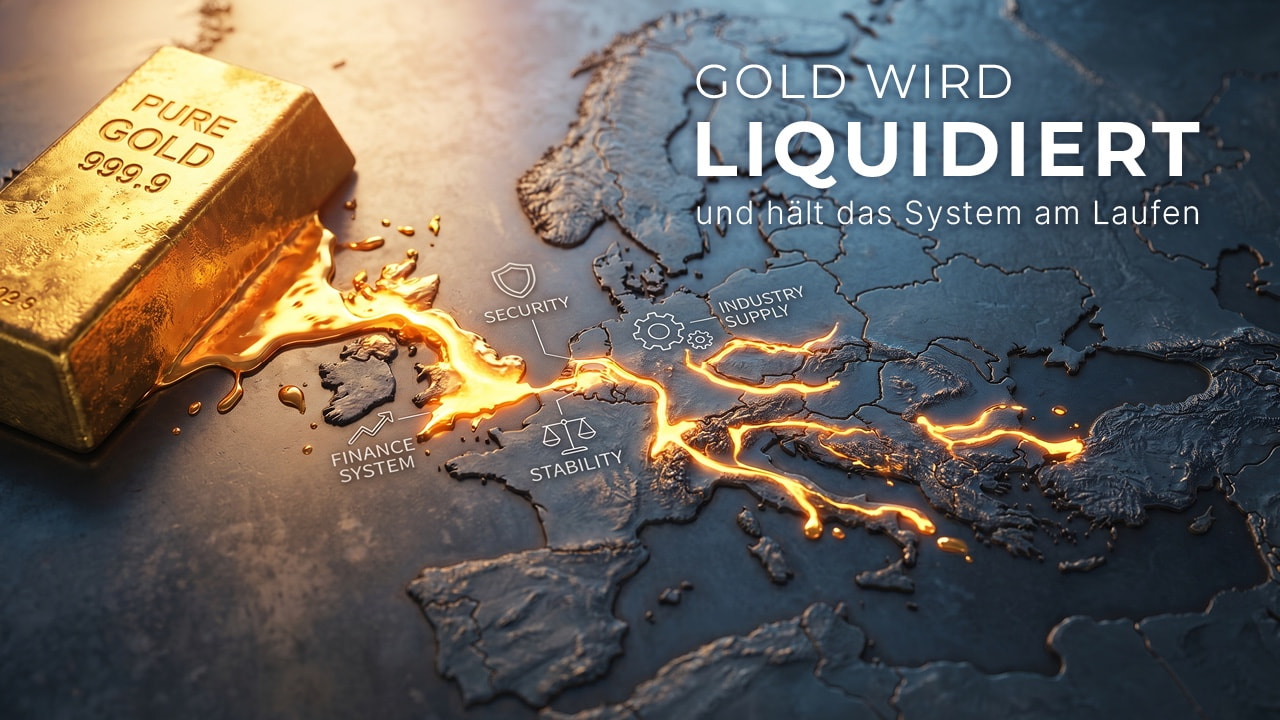 Goldbarren fließt als geschmolzenes Metall über eine Europakarte und symbolisiert Finanz- und Versorgungssysteme.