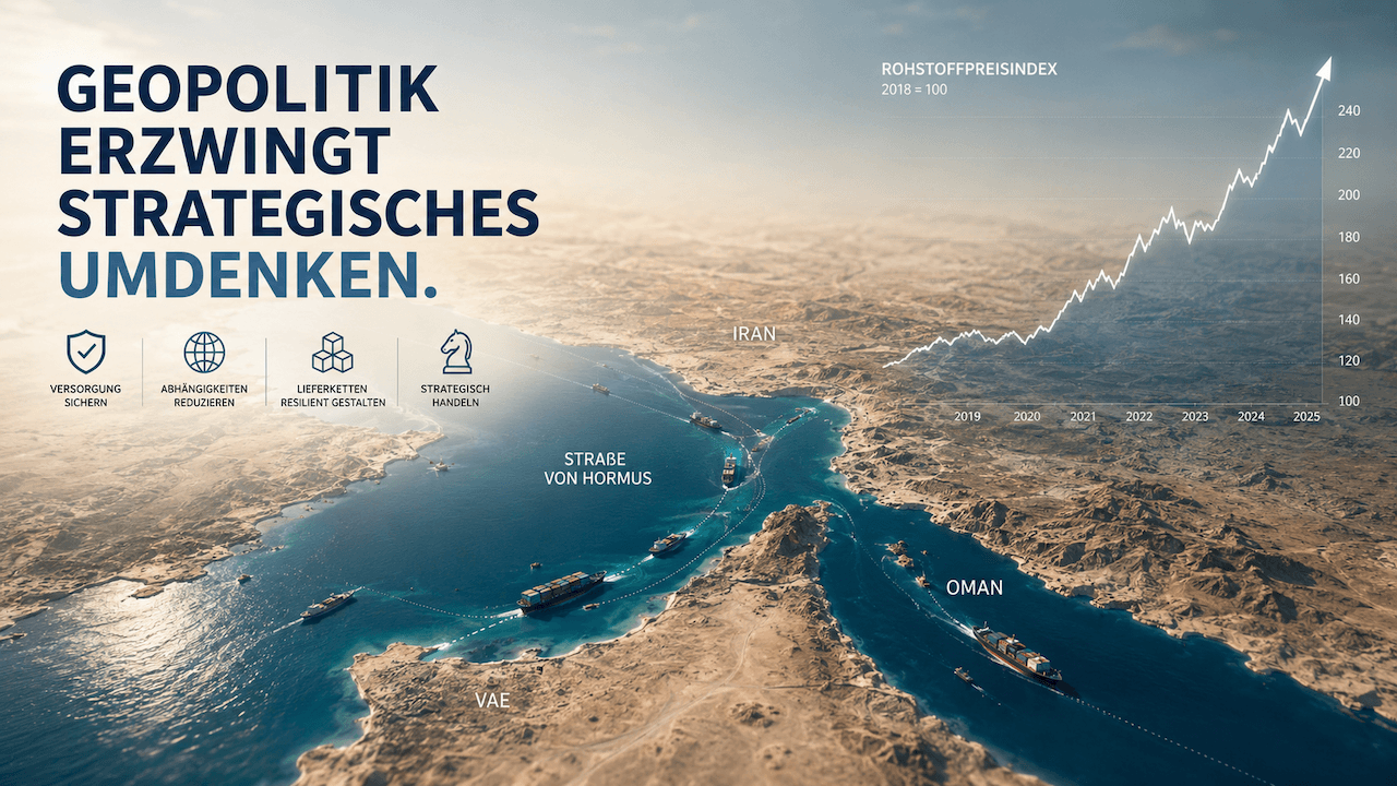 Infografik der Straße von Hormus mit steigender Rohstoffpreiskurve und Containerschiffen als Symbol globaler Lieferkettenrisiken.