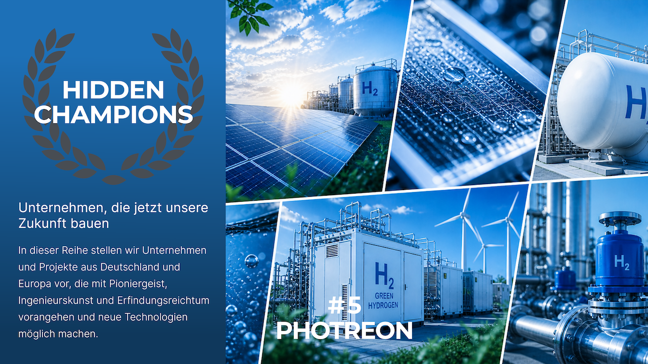 Visualisierung eines Photreon-Systems zur direkten Wasserstoffproduktion aus Sonnenlicht mit Reaktorpaneelen und H₂-Infrastruktur