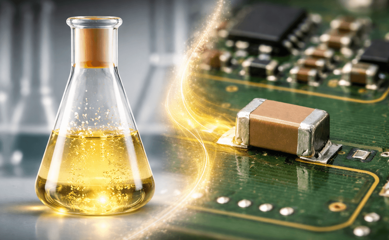 Laborflasche mit gelber Flüssigkeit neben elektronischer Platine als Symbol für Chemie und Hochtechnologie.