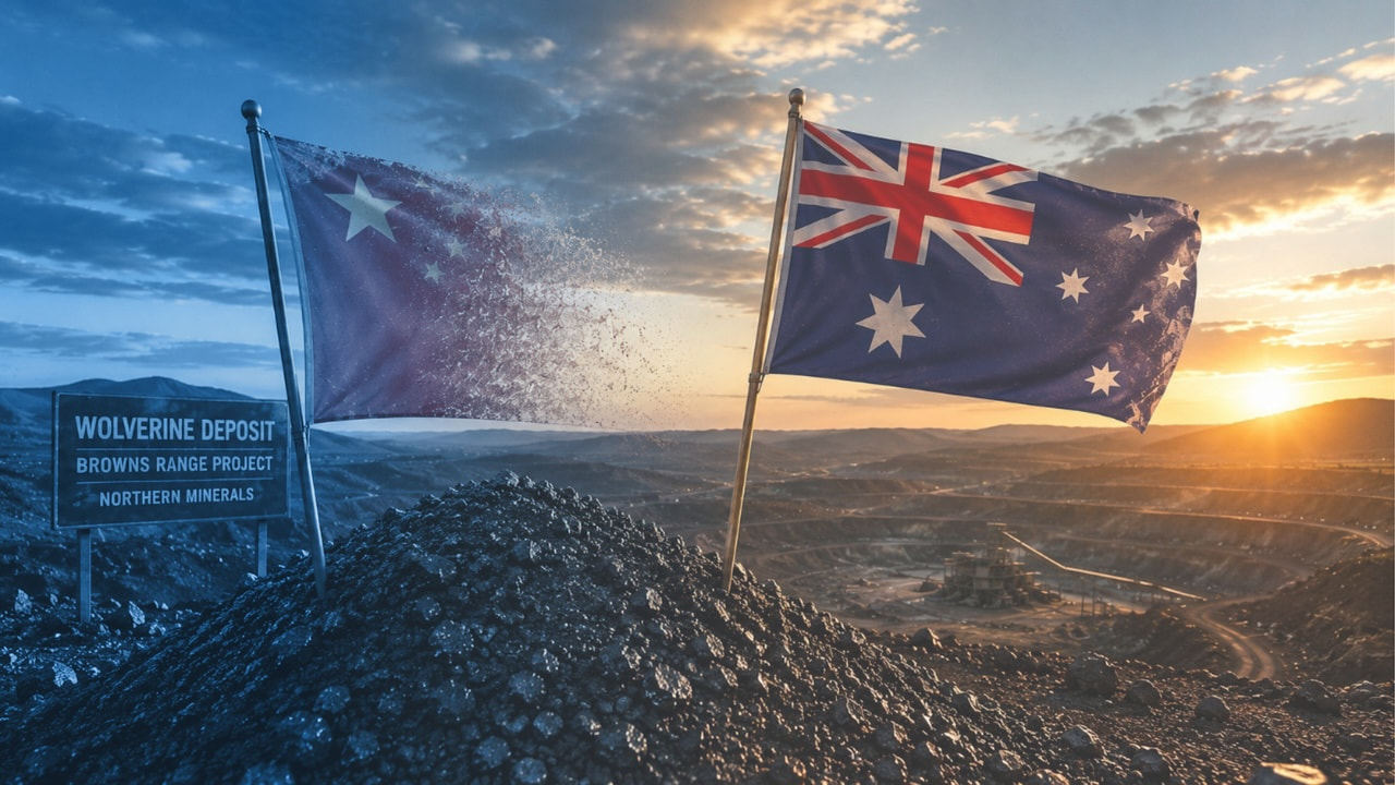 Australische Flagge am Wolverine-Depot, daneben ausgeblaute chinesische Flagge in einem Erzhaufen.