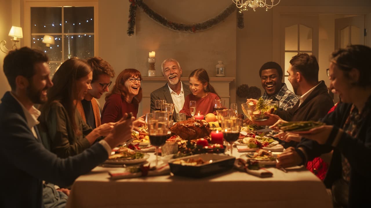 Multi-Generational Family Members Share Funny Stories and Joy During a Christmas Turkey Dinner. Happy Parents and Kids Singing Christmas Carols Together, Dancing Behind a Table and Lighting Sparkles