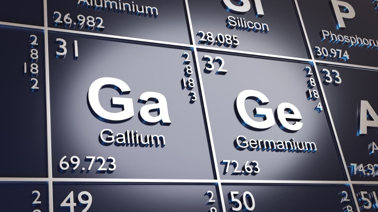 Die Elemente Gallium und Germanium auf dem Periodensystem. 3D-Abbildung.