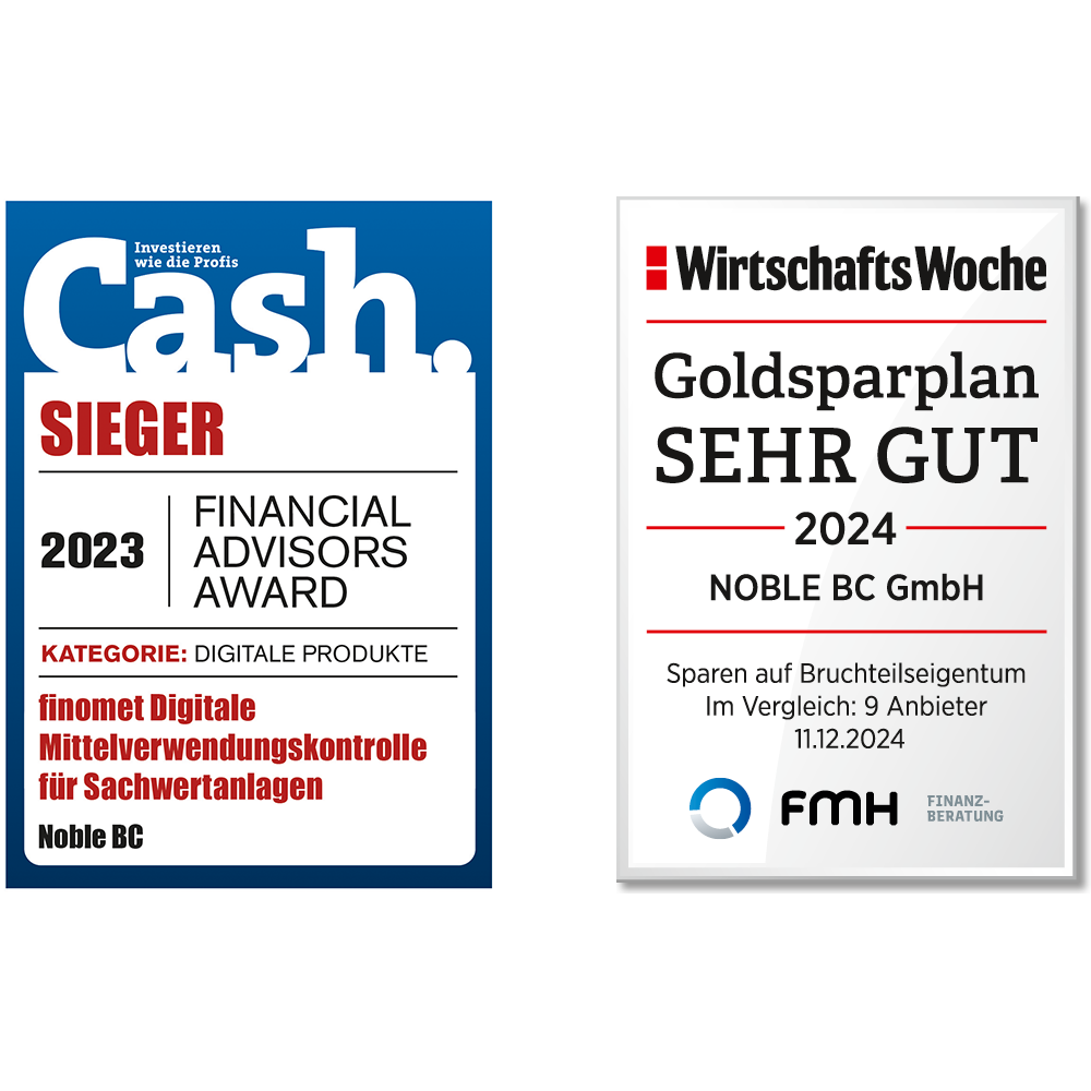 Cash Financial Advisors Award 2023, WirtschaftsWoche FMH Goldsparplan Sehr Gut 2024, Noble BC, Finomet, Digitale Mittelverwendungskontrolle, Gold, Edelmetalle, Seltene Erden, Technologiemetalle, produktionskritische Rohstoffe