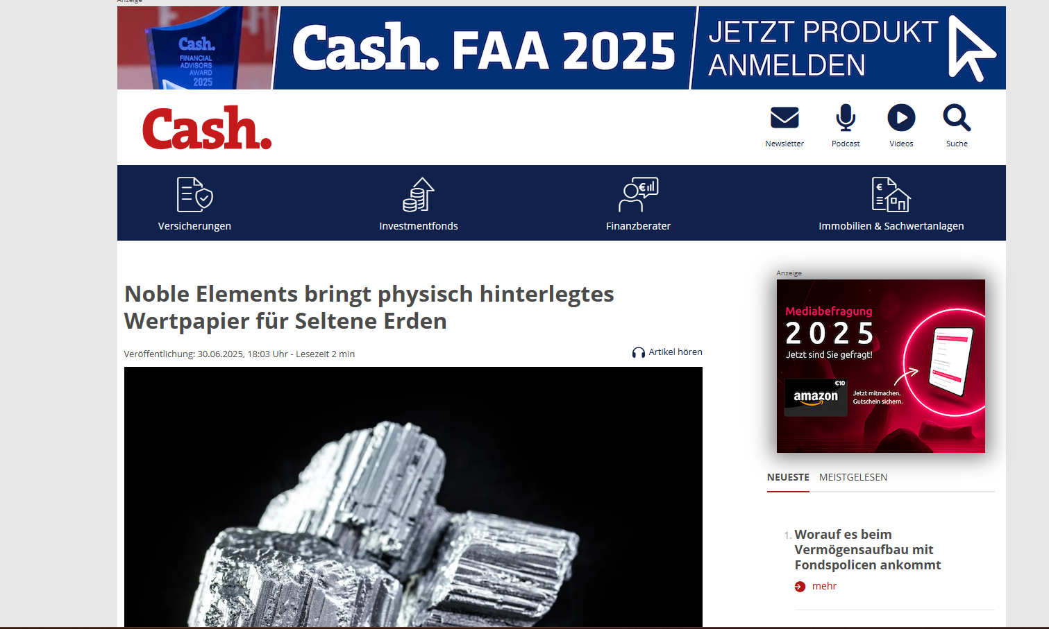 Screenshot von dem Artikel über Seltene Erden AG aus cash-online.de