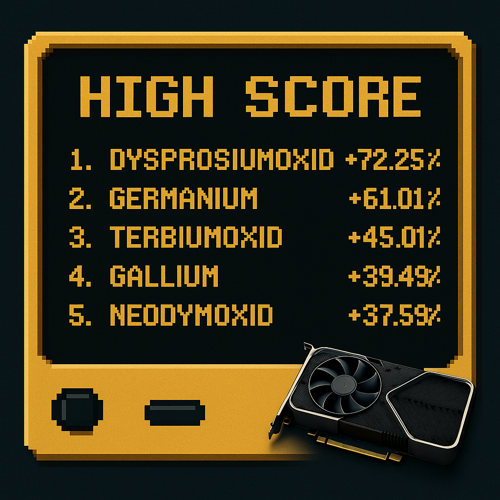 Preissteigerung ausgewählter Metalle, dargestellt als High Score im Retrogaming Stil
