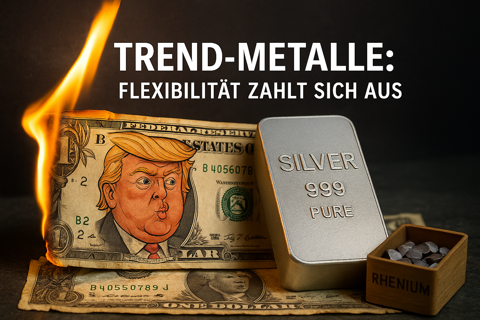 Ein brennender "1"-Dollarschein mit Trump's Gesicht; Silberbarren und Rhenium-Pellets