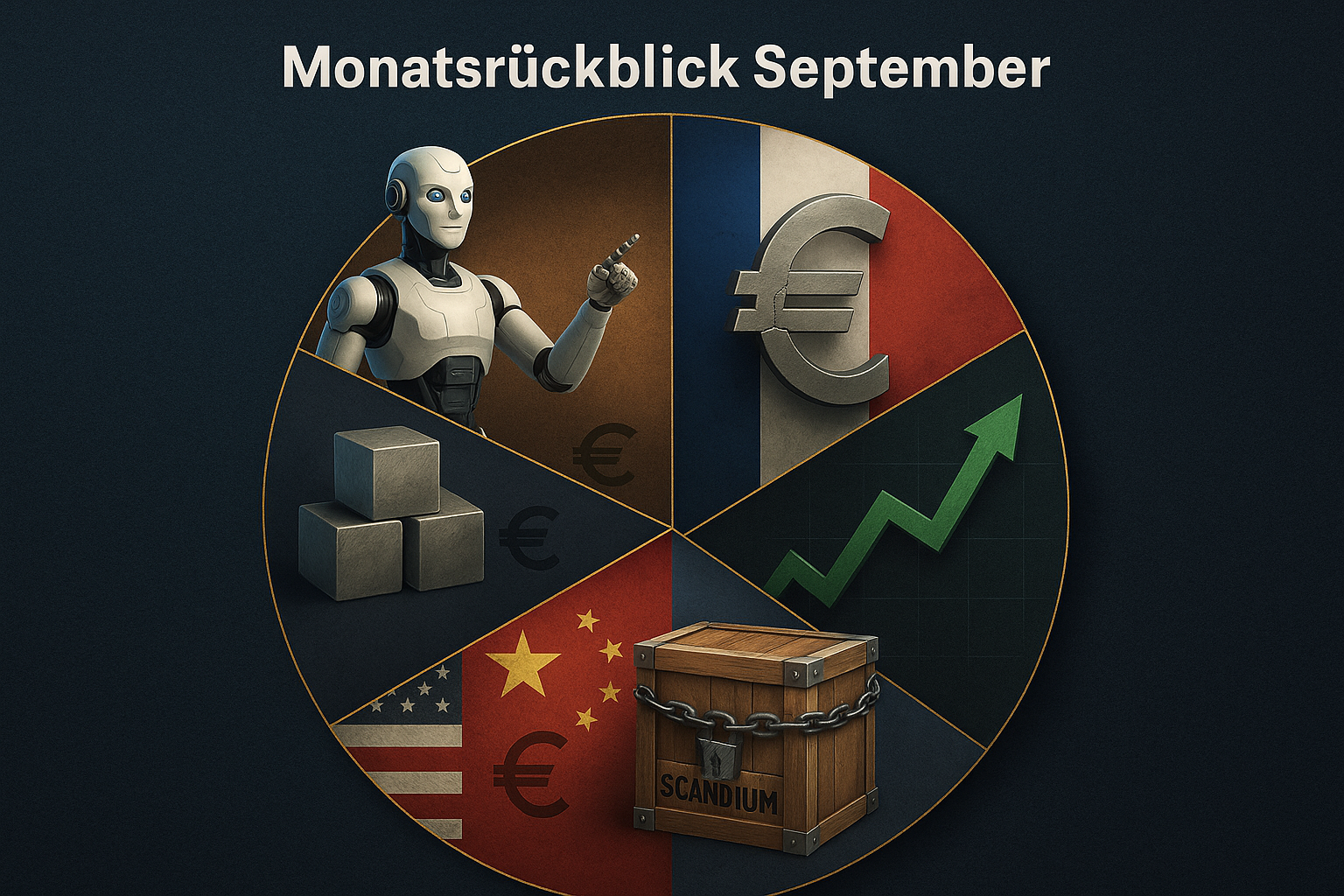 Abstraktes Kuchendiagramm, zusammengesetzt aus human Roboter, Euro-Zeichen, Scandium und Rohstoffe