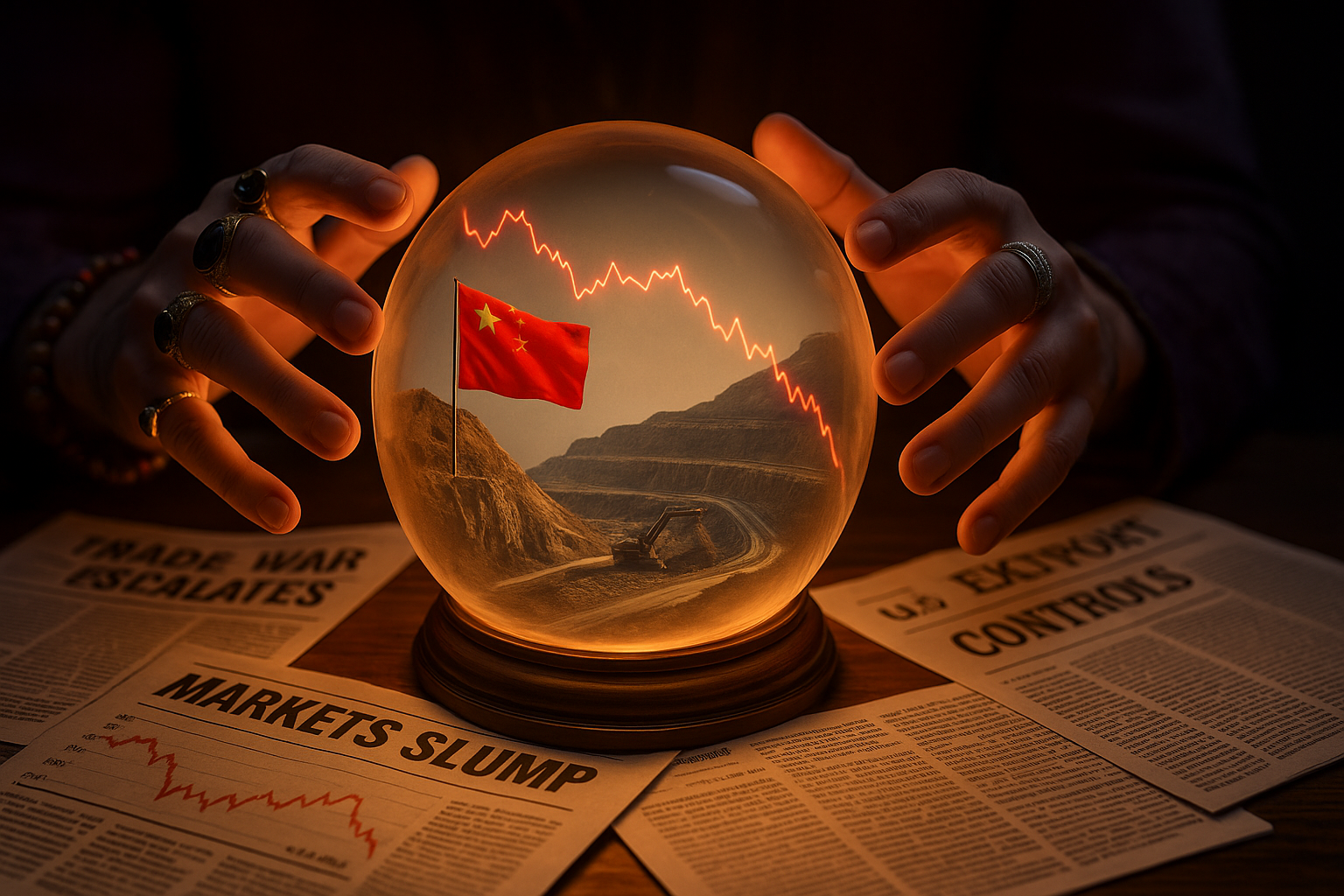Mine mit Chinesische Flagge in Kristallkugel auf Tisch mit Wirtschaftszeitungen mit fallenden Aktienkursen