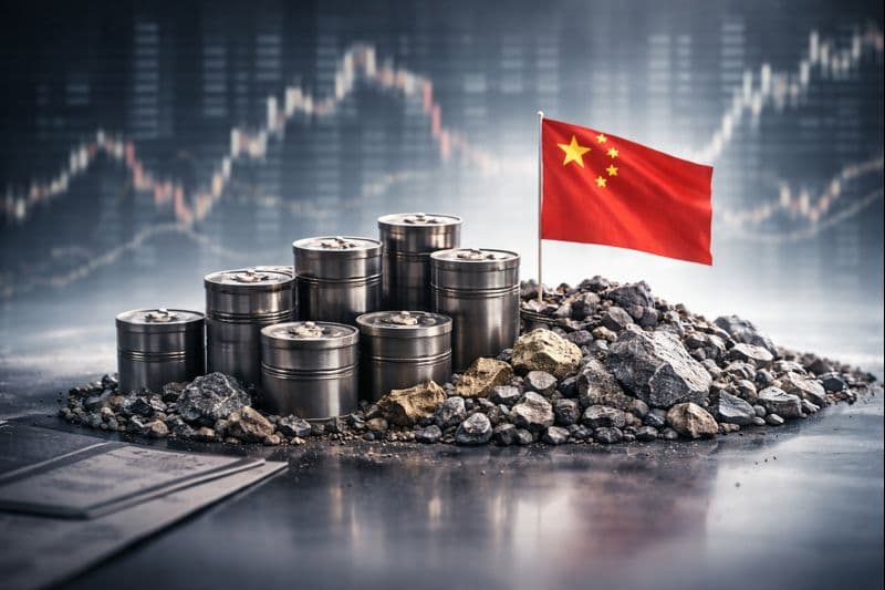 Symbolbild zur chinesischen Preisstrategie bei Seltenen Erden: Metallbehälter auf einem Erz- und Gesteinshaufen, daneben eine chinesische Flagge, im Hintergrund stilisierte Kurs- und Preischarts als Hinweis auf staatlich gesteuerte Preisbildung.