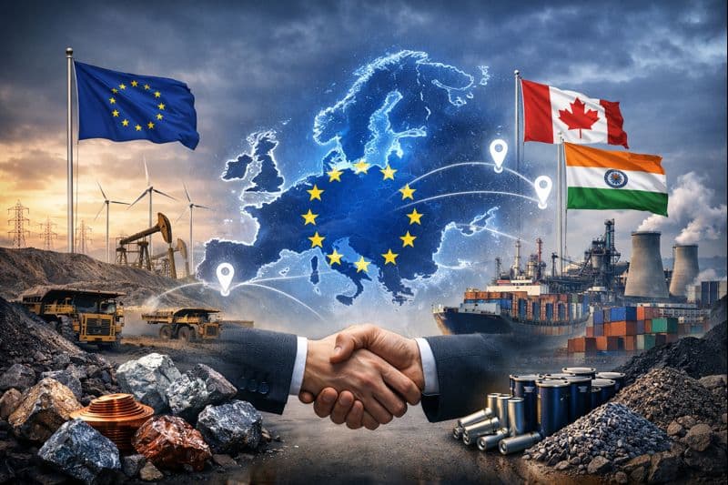 Symbolische Darstellung europäischer Rohstoffallianzen: Europa im Zentrum, umgeben von Industrie, Rohstoffen und Partnerschaften mit Kanada und Indien.