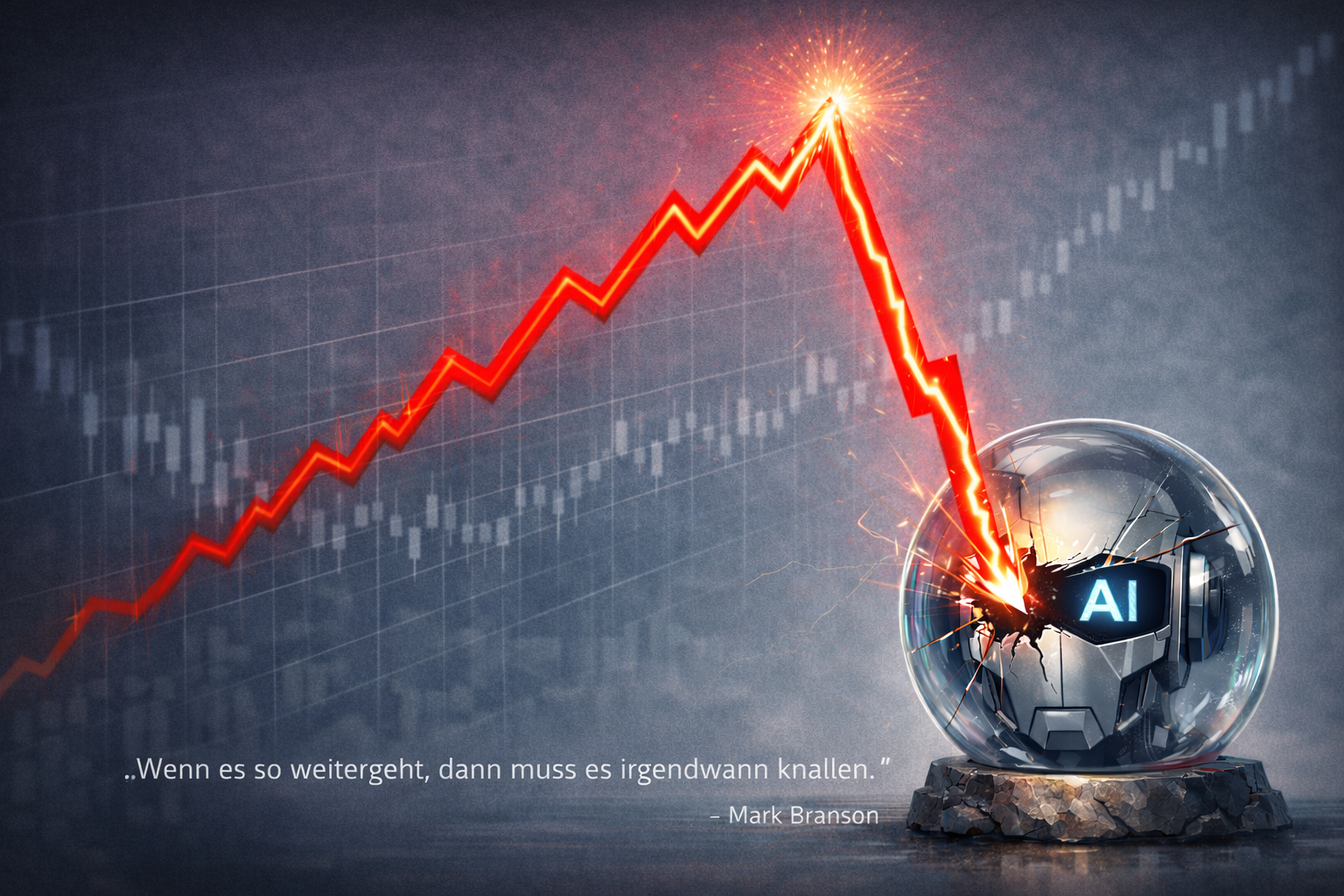 Roter Börsengraph steigt euphorisch an, stürzt abrupt ab und schlägt wie ein Blitz in eine KI-Kristallkugel ein – Symbol für den kommenden Realitätscheck.