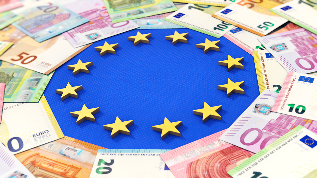 3D-Illustration, Europäische Union und Geld