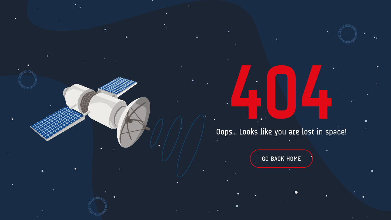 Weltraumbezogene 404-Fehlerseite mit Satelliten und Sternen. Vektorvorlage. Seite wurde kein Text gefunden. Hoppla... Sieht aus, als ob du im Weltraum verloren bist!