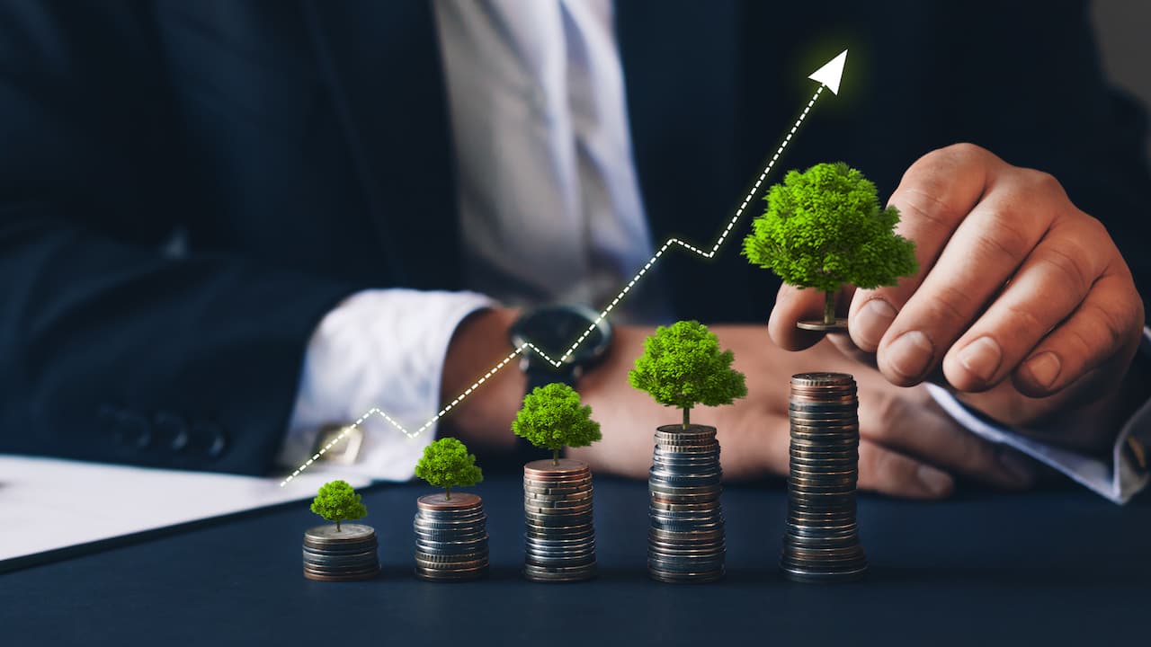 Geschäftsmann, der Münze mit Graph und Baum hält, die auf Geldmünzen wachsen. Finanzierung einer nachhaltigen Entwicklung. Grünes Geschäftswachstum.