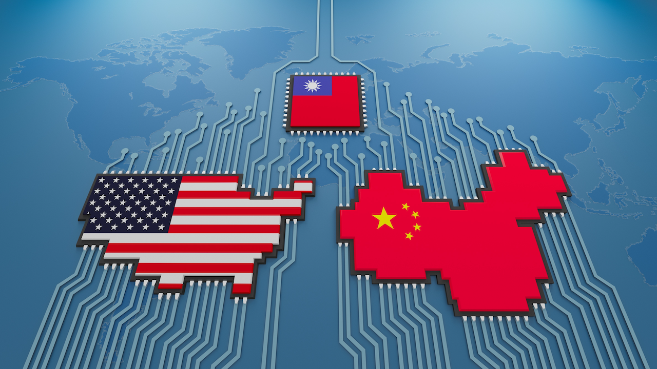 Microchip USA China Taiwan auf blauem Weltkartenhintergrund 3D-Abbildung