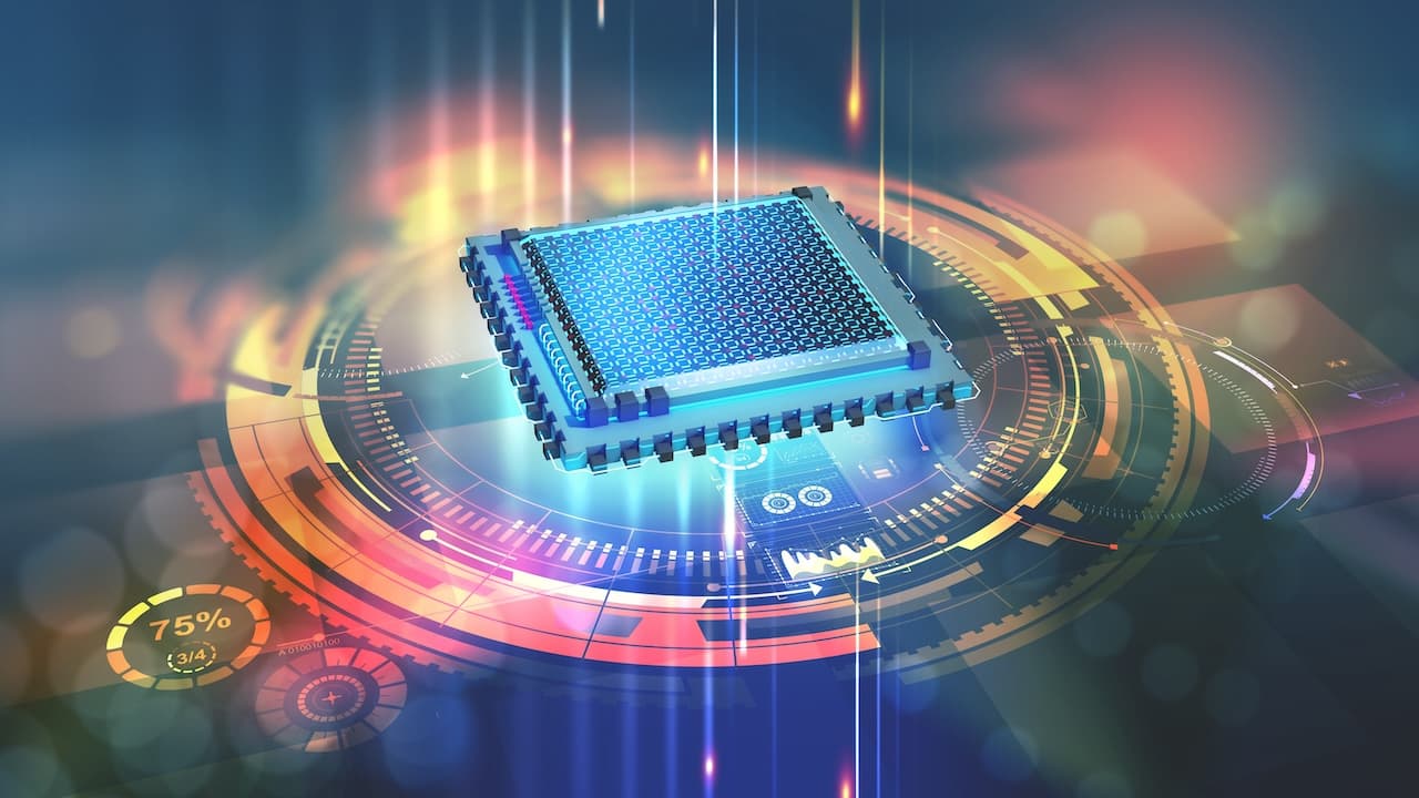 Futuristische CPU. Quantenprozessor im globalen Computernetzwerk. 3D-Illustration des digitalen Cyberraums