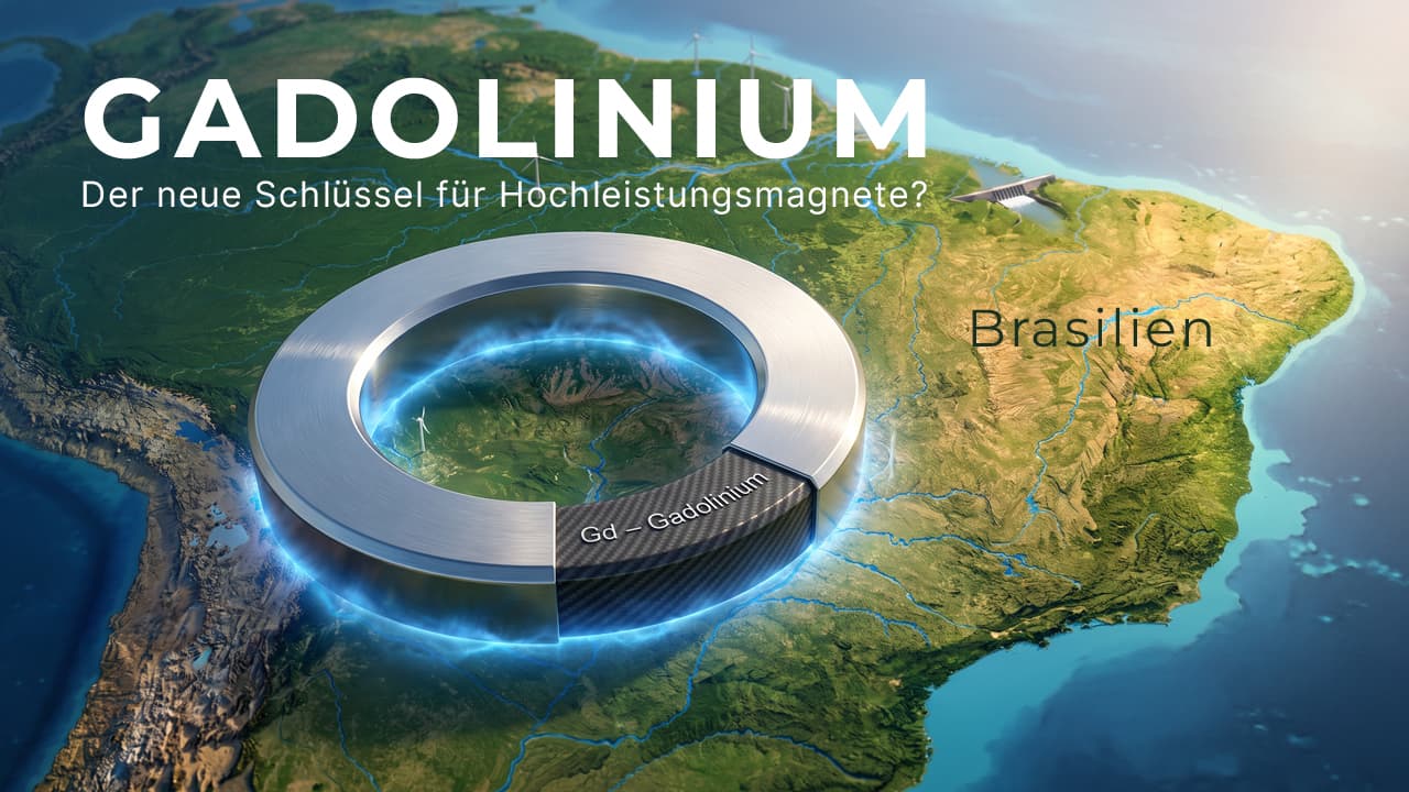Karte von Brasilien mit leuchtendem Magnetring (Gadolinium) als Symbol für neue Rohstoffquelle für Hochleistungsmagnete